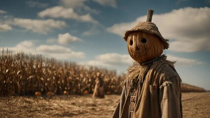 Halloween concept. A scarecrow with a carved pumpkin head stands in a cornfield under a partly cloudy sky. - Powered by Adobe