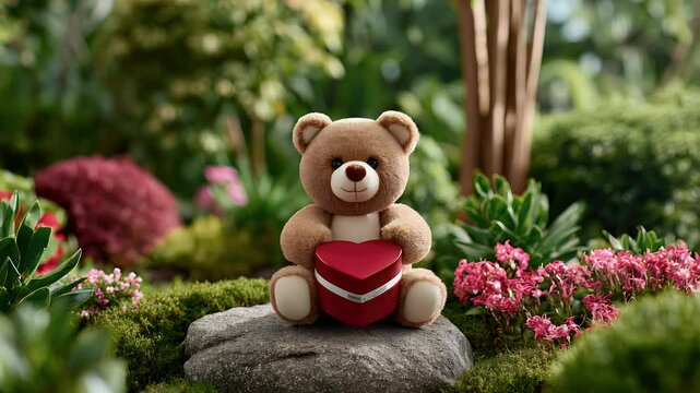 Teddy bear with gift heart shaped box in garden