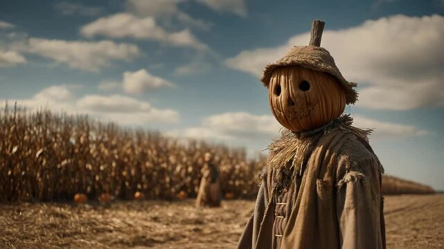 Halloween concept. A scarecrow with a carved pumpkin head stands in a cornfield under a partly cloudy sky.