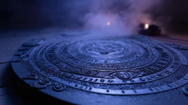 Halloween concept. A close-up view of an ancient, detailed stone calendar or engraved disc under mystical blue light with mist in the background.
