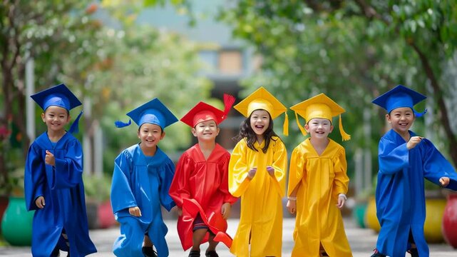 Joyful kindergarten graduates in bright blue, red, and yellow caps and gowns jump together outdoors, celebrating their graduation with excitement and energy.