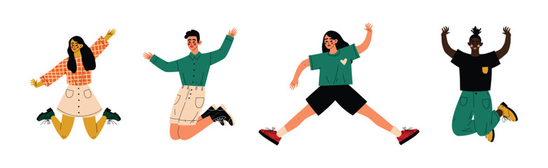 Happy People Character Jumping with Joy and Excitement Vector Set