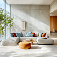 Loft and minimalist interior design of modern living room and sofa against concrete wall