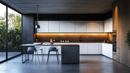 Modern kitchen with white cabinets, grey wooden wall and concrete
