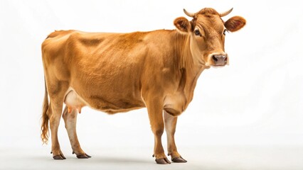 A magnificent full-body studio portrait of a healthy brown dairy cow with visible udder and small horns, standing elegantly on a clean white background