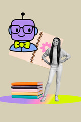 Vertical art 3d creative image collage of happy teenager schoolgirl stand cartoon robot book...