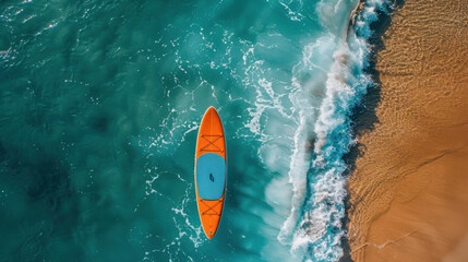 A colorful paddleboard on the beach