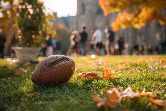 young people playing football on grassy college field