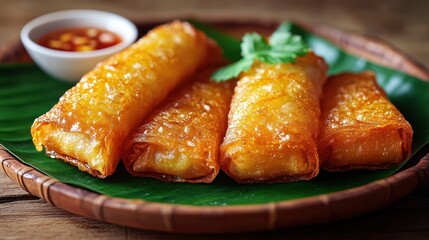 Crispy golden-brown spring rolls, served on banana leaves, with a dipping sauce