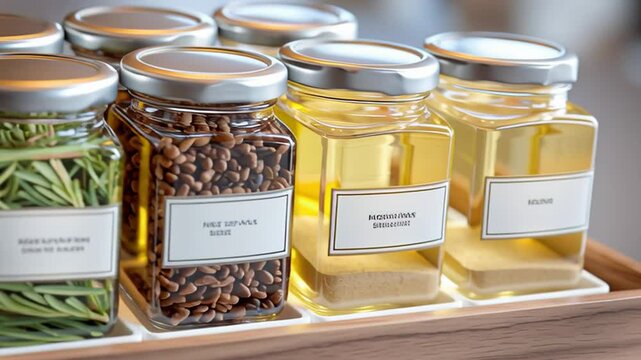 Collection of glass jars filled with various herbs and oils arranged neatly on a wooden shelf, showcasing vibrant colors and textures, ideal for culinary enthusiasts and home cooks