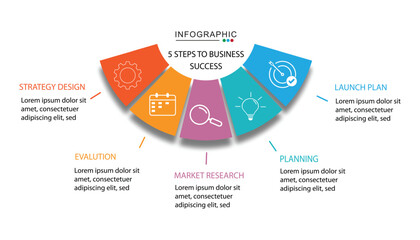 5 steps business process infographic, business infographic, timeline infographic template, strategy infographic, circle infographic, whit 5 steps or option.
