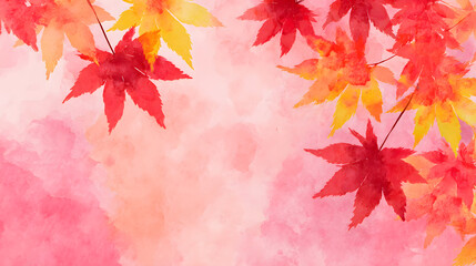 Bright red and yellow maple leaves on vibrant pink watercolor background