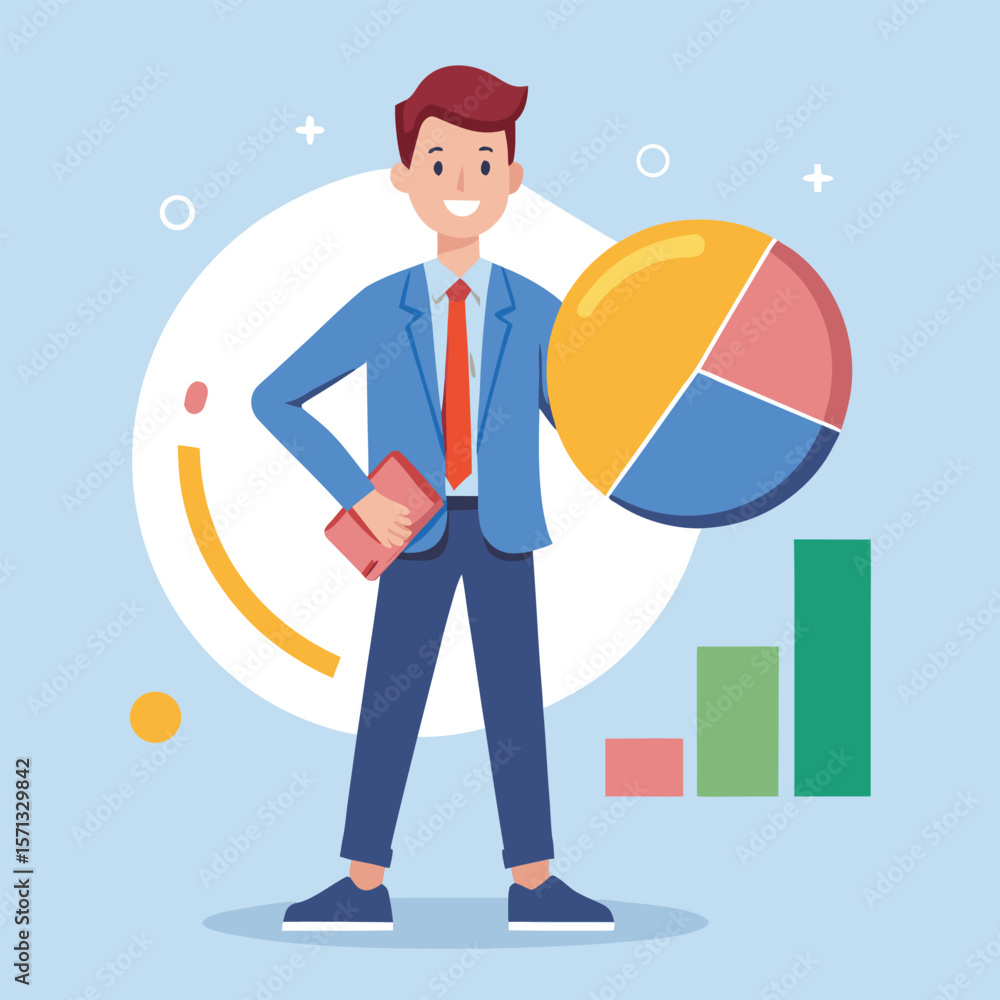 Poster business professional presenting financial pie chart and bar graph for data analysis and reporting