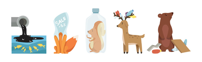 Animal Suffering from Contaminated Nature and Environment Pollution Effect Vector Set