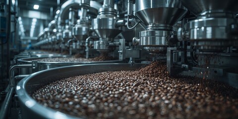 Close up of industrial machinery processing coffee beans in a factory setting with metal equipment