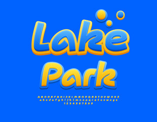 Vector Artistic poster Lake Park. Bright Yellow and Blue Font. Handwritten Alphabet Letters and Numbers set.