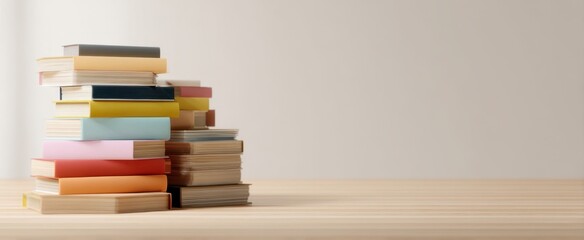 Fototapeta premium The colorful stack of books on a wooden surface for cozy reading ambience.