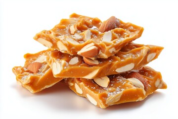 Brazilian p-de-moleque peanut brittle stacked with a rich amber color on a clean white background, showcasing traditional Brazilian sweets and culinary delights