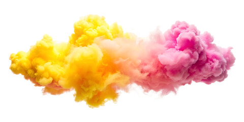 Vibrant yellow and pink smoke plume transitioning across a black background isolated on a transparent background