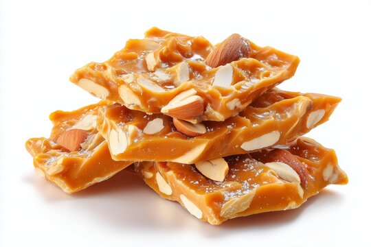 Brazilian p-de-moleque peanut brittle stacked with a rich amber color on a clean white background, showcasing traditional Brazilian sweets and culinary delights
