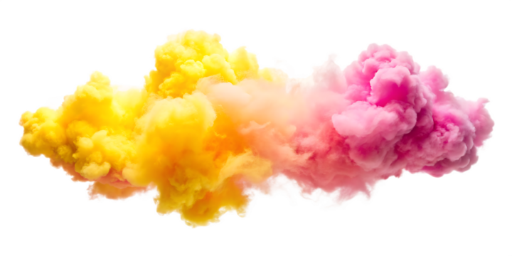 Vibrant yellow and pink smoke plume transitioning across a black background isolated on a transparent background