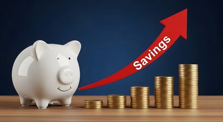 Piggy bank with growing stacks of coins and "Savings" arrow, symbolizing financial growth and saving success.