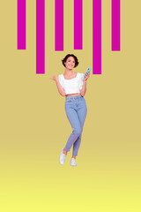 Vertical banner 3d art pop image collage of happy businesswoman businessman climb stand chart...