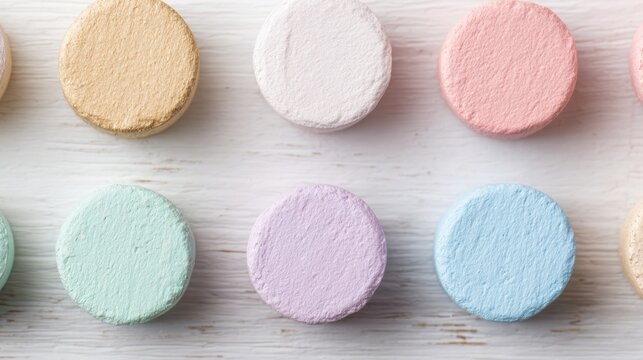 Pastel Circular Checkmarks on Wooden Surface, minimalistic design, isolated elements, soft colors, serene ambiance, inviting simplicity, spacious layout.