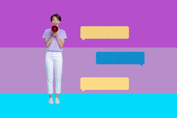 Full image 3d poster art collage of happy girl guy stand bubble communication chatterbox speech...