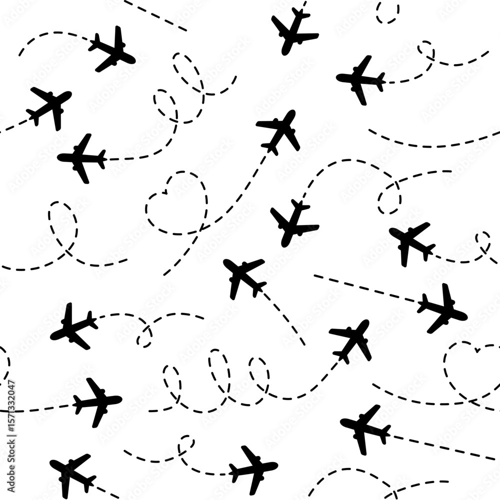 Poster airplanes routes with dotted line seamless pattern. flying planes path with start point. travel conc