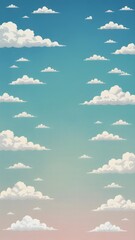 Soft, serene pastel sky with fluffy white clouds providing a calm, dreamy atmosphere.
