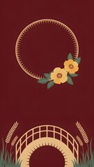 Floral design with gold circle frame and bridge on red for backgrounds