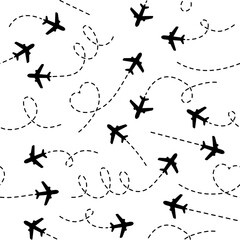 Airplanes routes with dotted line seamless pattern. Flying planes path with start point. Travel concept. Vector illustration isolated on white.