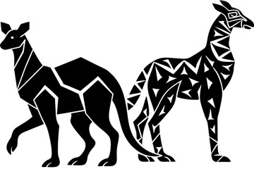 Vector art of silhouette of Stylized Kangaroo Pair in Black and White Geometric Design