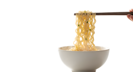 Noodles are lifted with Chopsticks above Bowl on Transparent Background with Asian Food Theme