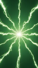 Radiant energy beams of green light emanate from a central point, creating an abstract power burst.