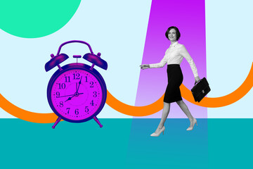 Contemporary art pop image collage of happy business girl guy stand deadline clock expire limit...