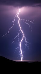 A dramatic lightning bolt strikes the earth during a powerful storm at night