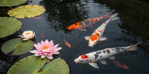 Beautiful koi fish swim gracefully among blooming water lilies and lily pads