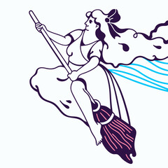 Woman Flying on a Broom, Witch Illustration, Vintage Style