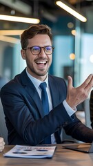 Cheerful businessman with glasses discusses project at office desk in a meeting
