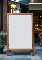 A blank wooden menu board its smooth surface awaiting a creative message stood proudly on the sidewalk cafe its presence inviting passersby to explore the culinary delights within  professional presen