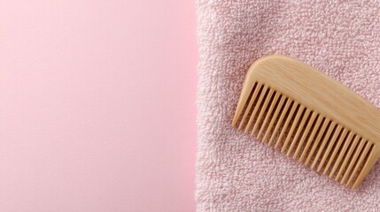Wooden Hair Care Essentials on Soft Pink Towel, minimalistic arrangement, inviting atmosphere, serene color palette, perfect for wellness and self-care themes