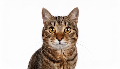 detailed close up of a brown striped tabby cat with golden amber eyes focused expression and soft fur isolated on a white studio background