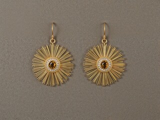 Citrine sunburst earrings with gold rays and gemstone center detail