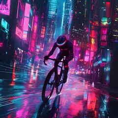 Midnight Rush: Racing Through a Futuristic Metropolis on Two Wheels, young woman on a bicycle
