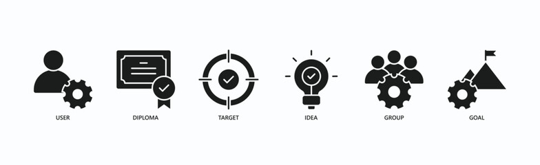 Personal Development Icon Set Isolated Vector Illustration Concept With Icon Of User, Diploma, Target, Idea, Group, Goal In Glyph Style
