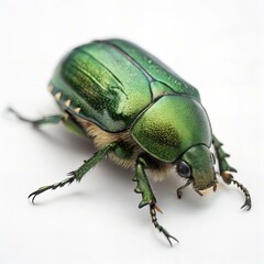 Green Beetle Macro Shot on White Studio Background