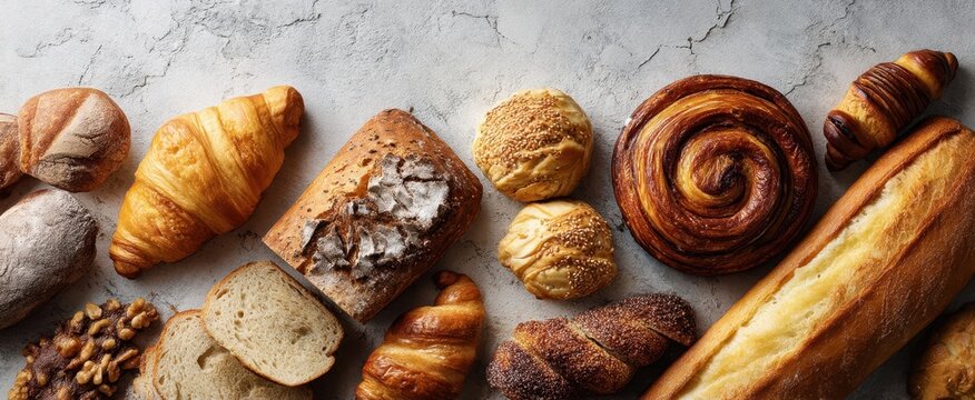 The delightful assortment of freshly baked artisanal breads and pastries on a textured surface. - Powered by Adobe