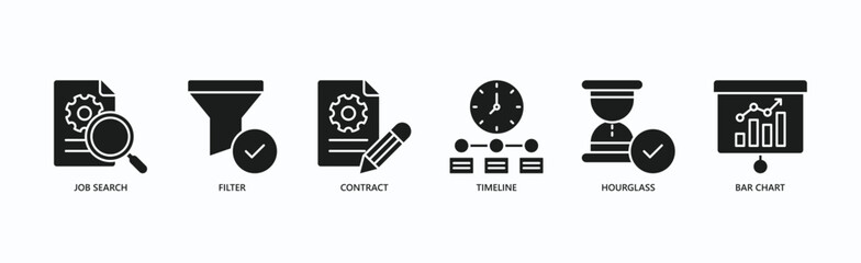 Employment Essentials Icon Set Isolated Vector Illustration Concept With Icon Of Job Search, Filter, Contract, Timeline, Hourglass, Bar Chart In Glyph Style